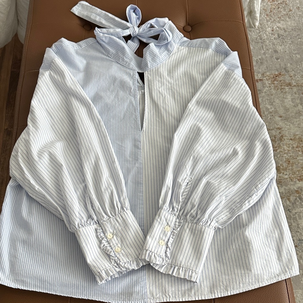 Zara Light Blue Pinstripe Tie-Neck Blouse